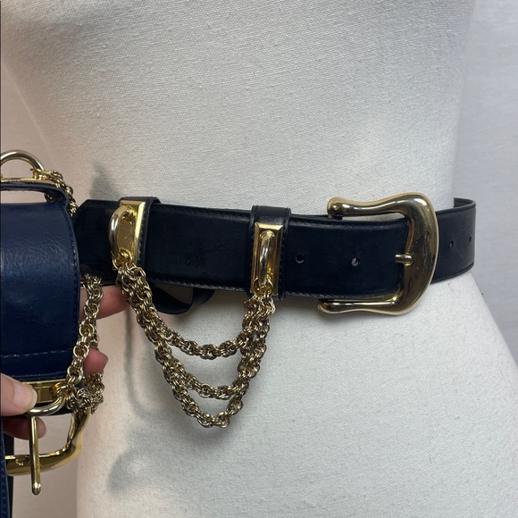 Blue leather vintage chain gold belt Vintage leather
